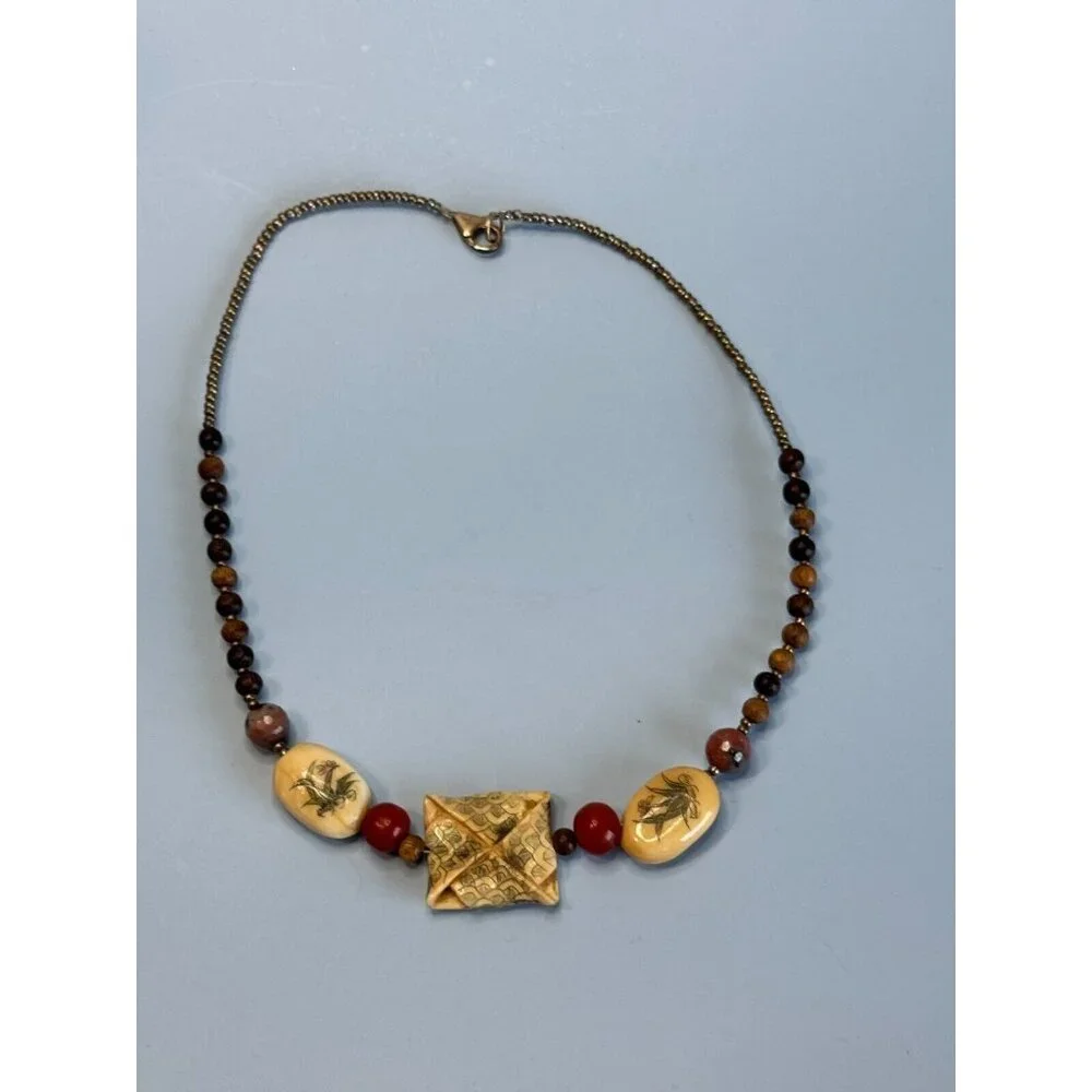 Artisan Necklace Bamboo Beads Cream Tone Carved Floral Focal 16 Inches - Picture 3 of 6